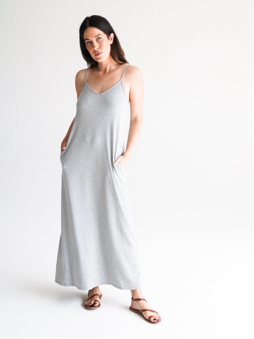 Carly Jean Los Angeles Light Grey Maxi Slip Dress with Pockets